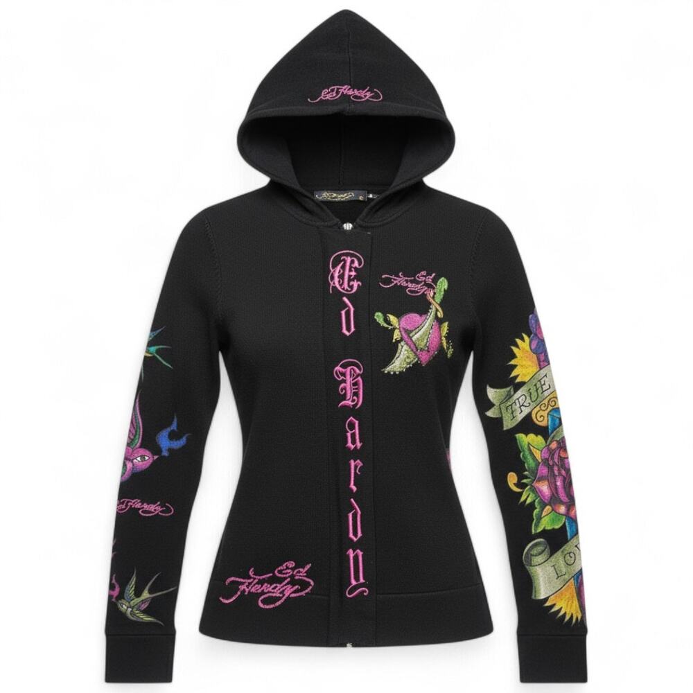 ED HARDY BY CHRISTIAN AUDIGIER Graphic full Zip Peak Y2K Hoodie L Tattoo Geisha